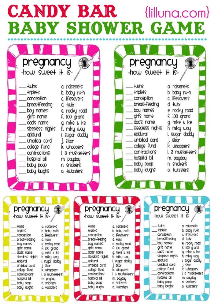 FREE printable Candy Bar Shower Game on { lilluna.com } A fun game to play at the next baby shower!