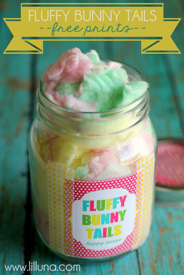 Cute Easter Gift Idea - Fluffy bunny tails!! Free prints on { lilluna.com } Yummy cotton candy in a labeled jar, so easy!