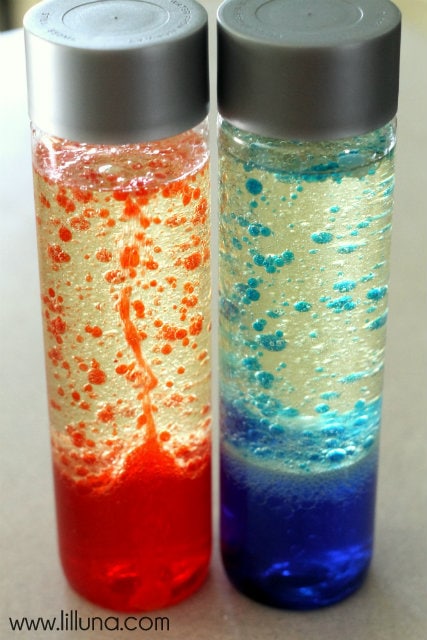 DIY Lava Lamps!! Easy and super fun for the kids!! Supplies needed are - water, vegetable oil, alka seltzer, and food coloring.