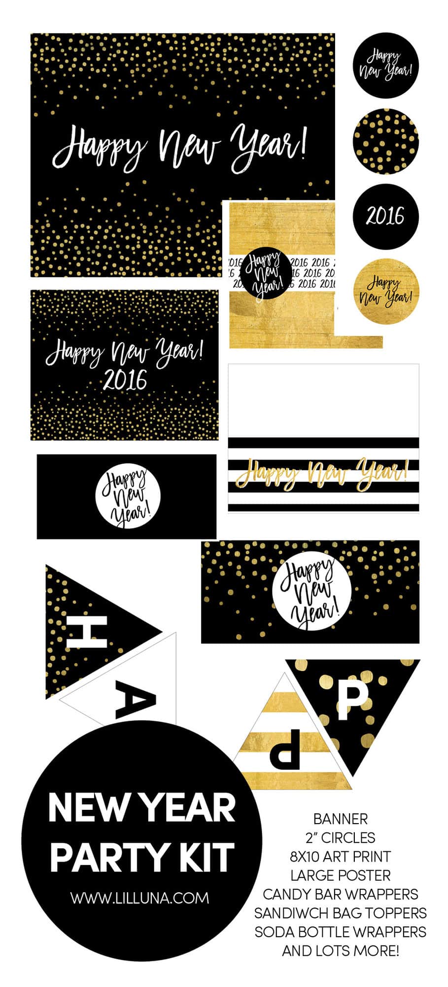FREE New Year Party Kit Printables! All the fun prints you need for your New Year's party - a banner, toppers, poster, and more!