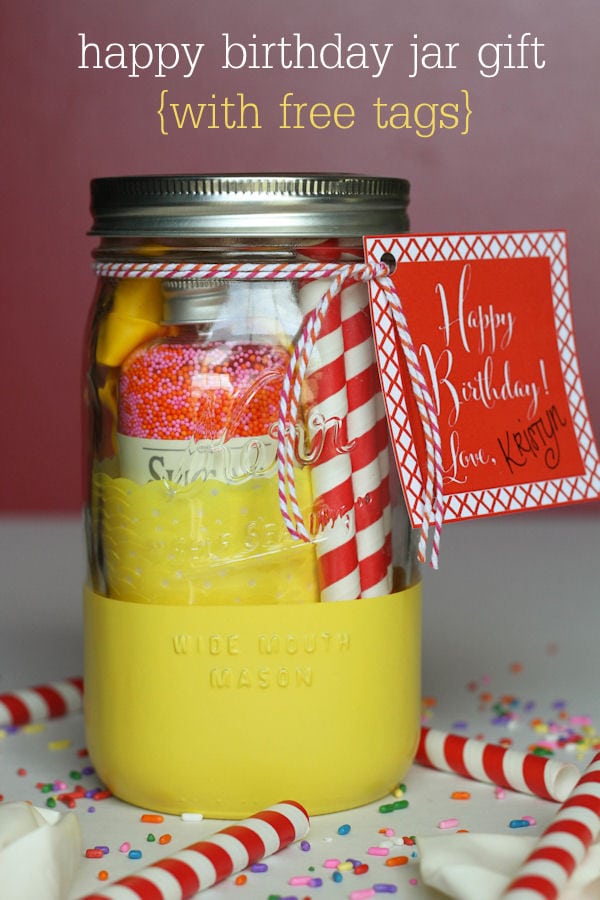 CUTE Happy Birthday Jar Gift with free tags on { lilluna.com } Fill with fun goodies for that special person!