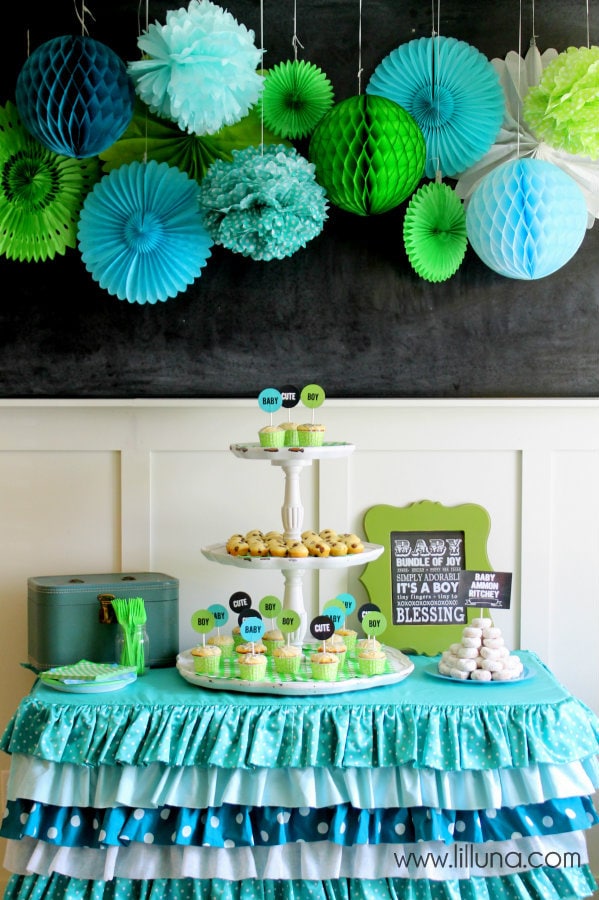 Green and blue store baby shower decorations