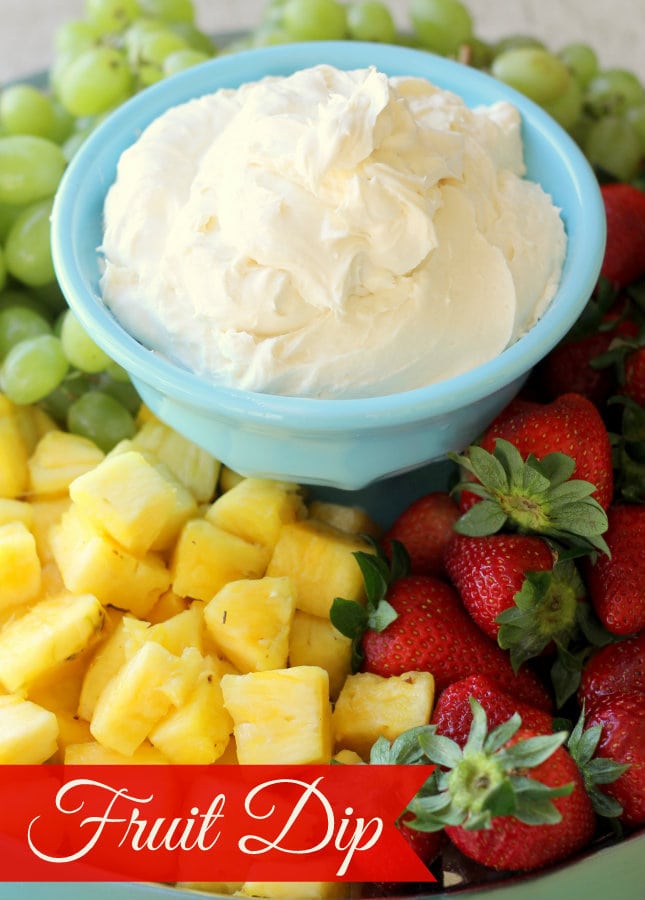 SUPER yummy Fruit Dip!! Marshmallow cream, cool whip, cream cheese with flavors of vanilla & rum make this the perfect dip!