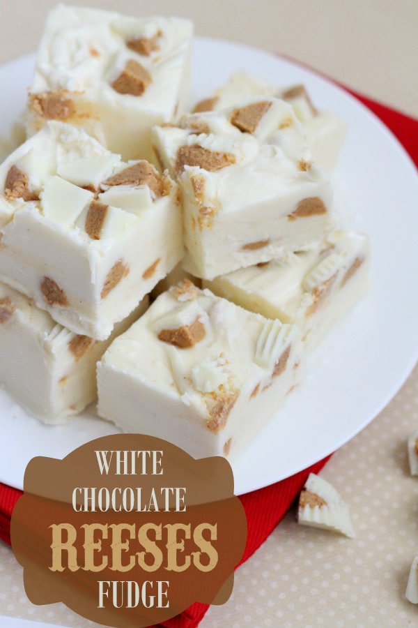 White Chocolate Reeses Fudge - so good and so easy! Soft fudge filled with white chocolate chips & white chocolate reeses peanut butter cups!