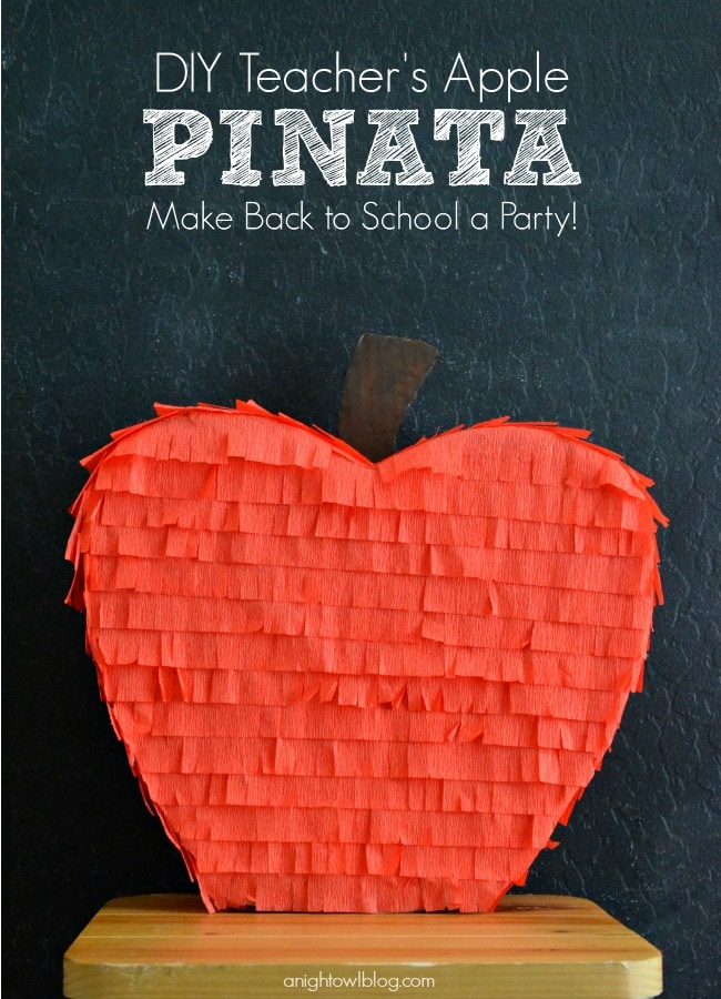 Teacher's Apple Piñata Tutorial on { lilluna.com } So cute and easy to make! Supplies include cardboard, red streamers, & brown paint!!
