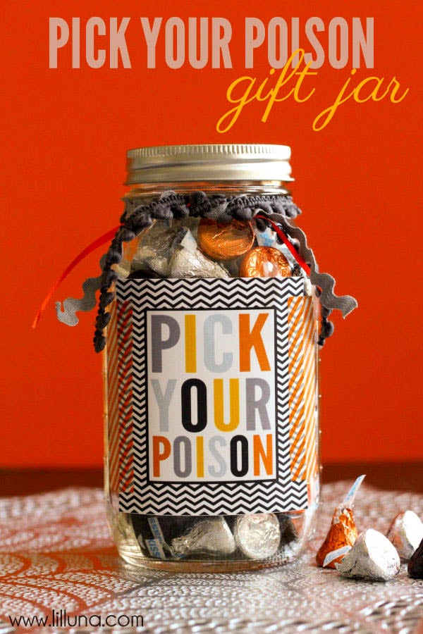 Easy and Cute Pick Your Poison Gift Idea on { lilluna.com } So easy to make, just fill with goodies, add some ribbon and the label!