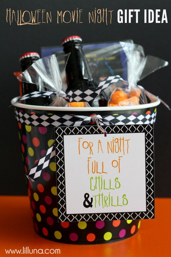 Adorable Halloween Movie Night Gift - A cute basket filled with yummy treats & a movie - perfect for date night { lilluna.com }