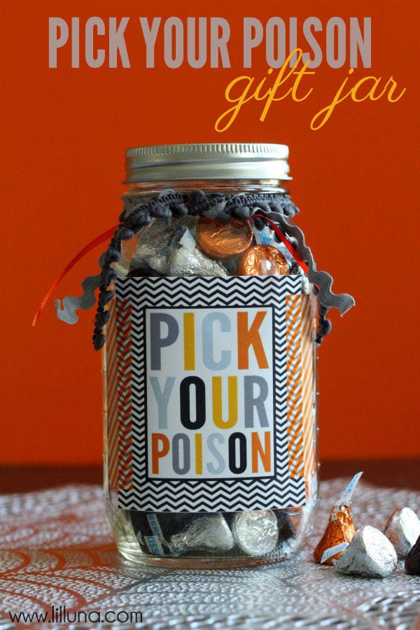 Easy and Cute Pick Your Poison Gift Idea on { lilluna.com } Just fill with goodies, add some ribbon and a label!