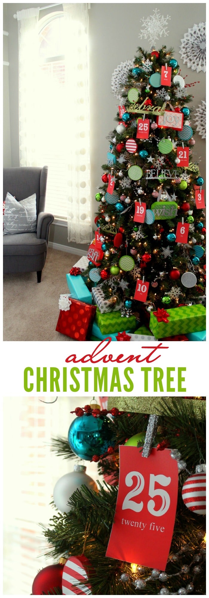 Advent Christmas Tree! The kids will love this! { lilluna.com } Bright & colorful and the kids get a little treat as they pull the numbers off!