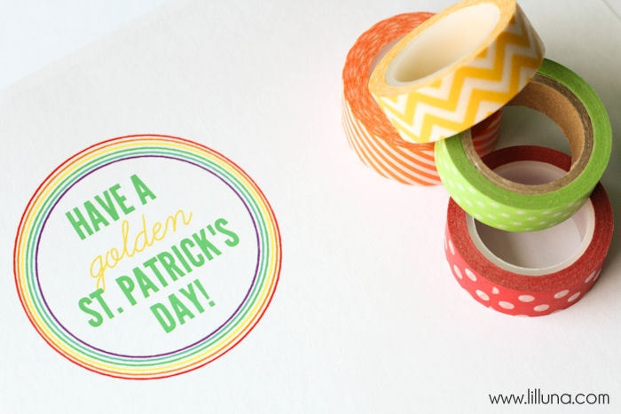 Cute and Easy St. Patrick's Day Gift idea with free print { lilluna.com } All you need is a jar, ribbon, label, washi tape, & rolos.