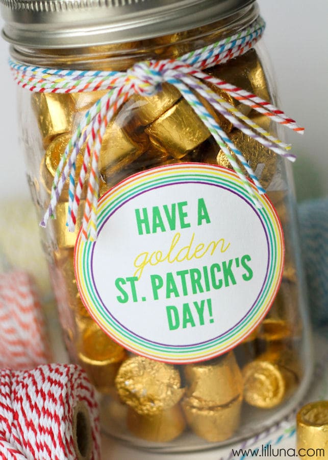 Cute and Easy St. Patrick's Day Gift idea with free print { lilluna.com } All you need is a jar, ribbon, label, washi tape, & rolos.