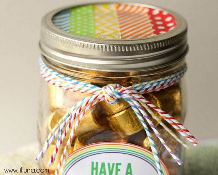 Cute and Easy St. Patrick's Day Gift idea with free print { lilluna.com } All you need is a jar, ribbon, label, washi tape, & rolos.