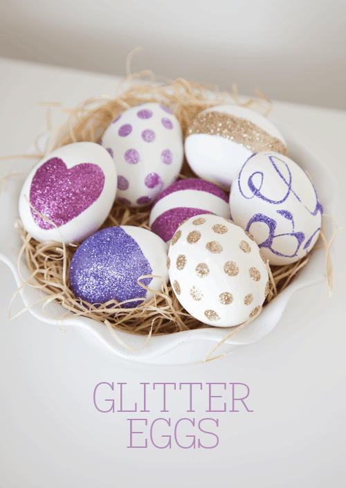 DIY Glitter Eggs Tutorial on { lilluna.com } So fun and cute!! Supplies include eggs, glue, & glitter!!