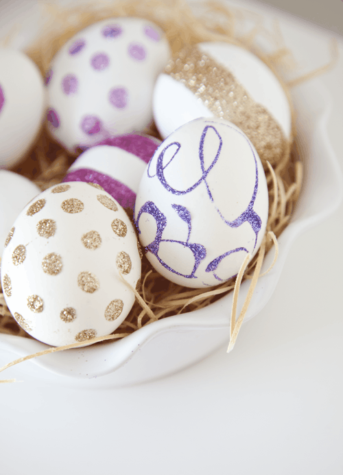 DIY Glitter Eggs Tutorial on { lilluna.com } So fun and cute!! Supplies include eggs, glue, & glitter!!