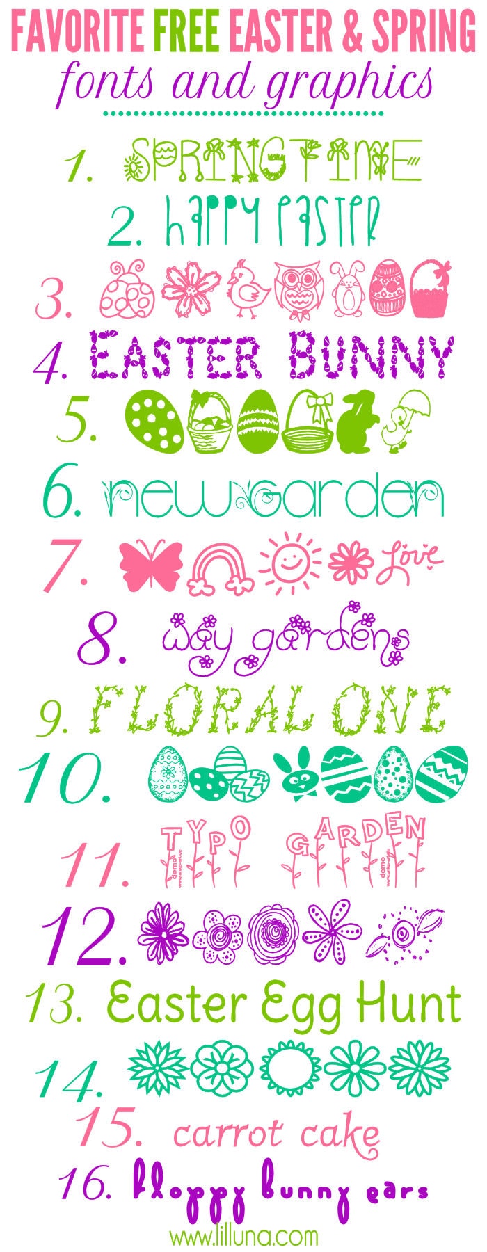 Favorite FREE Easter and Spring Fonts and Graphics on { lilluna.com } Lots of cute fonts to use in so many ways.