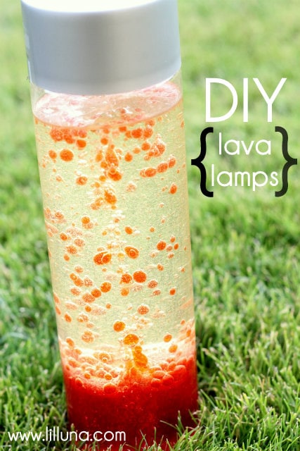 Super Fun and Easy DIY Lava Lamps on { lilluna.com } Supplies include vegetable oil, water, alka-seltzer, and food coloring.