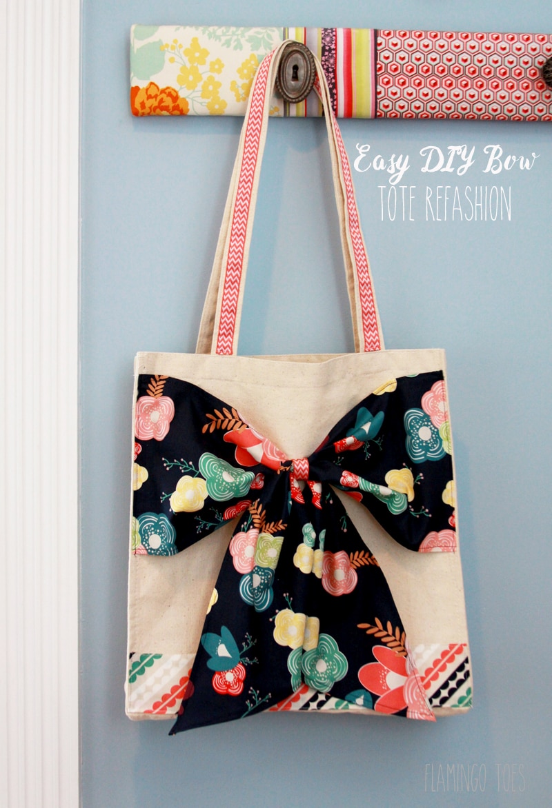 Easy DIY Bow Tote Tutorial - SO cute and simple. And such a great gift idea!! { lilluna.com } All you need is a canvas tote, ribbon, and coordinating fabric.