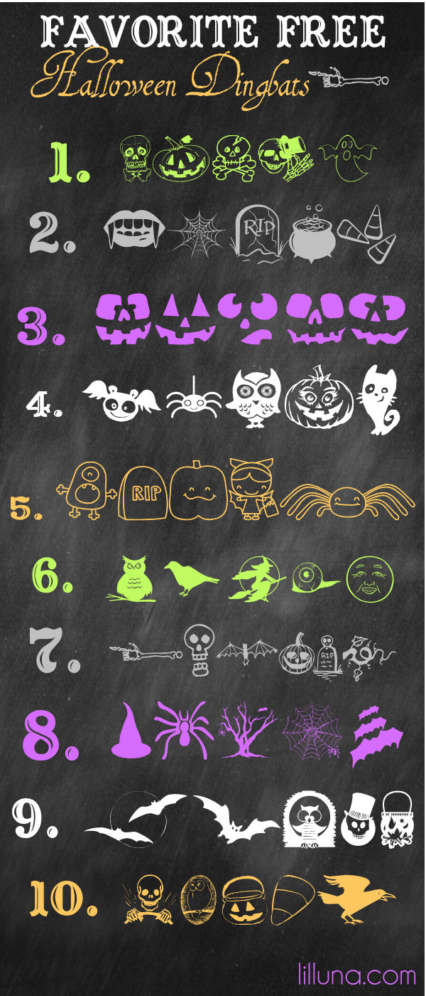 Favorite Free Halloween Dingbats on { lilluna.com } Fun prints to use in your own creations.