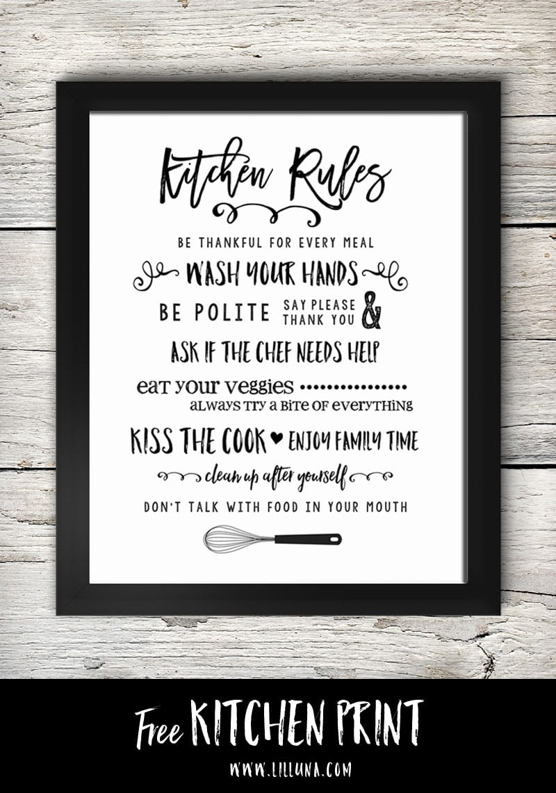 FREE Kitchen Rules Printable - so cute!! Print and stick in a frame for a cute kitchen decor piece.