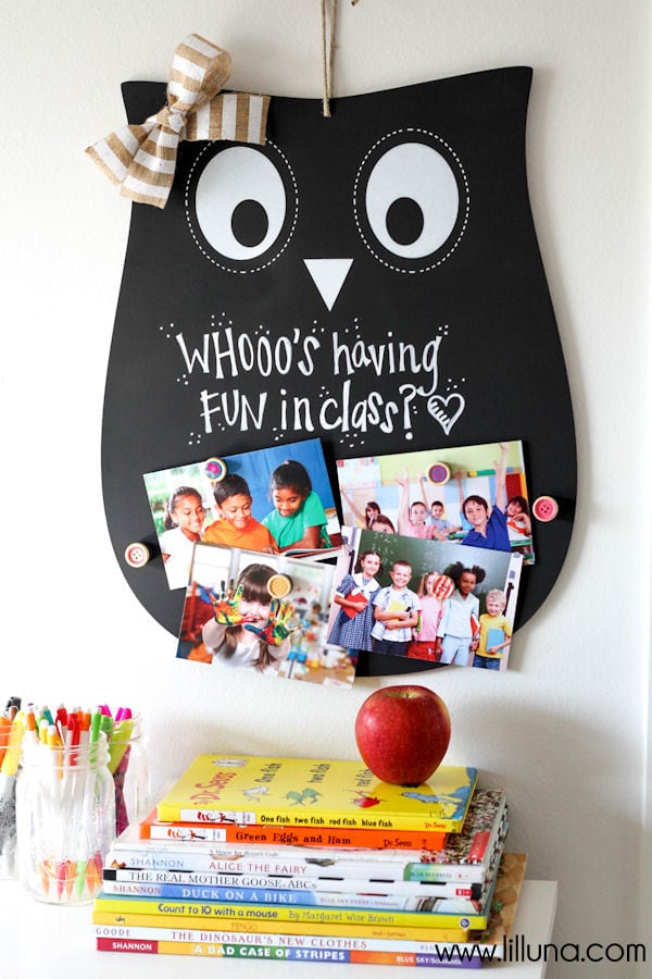 Super Cute and Inexpensive Owl Teacher Gift - a magnet and chalkboard sign! { lilluna.com } All you need is a few supplies - silhouette chalkboard, magnets, ribbon, buttons, and chalk.