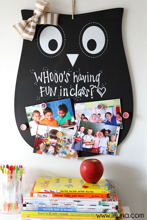 Super Cute and Inexpensive Owl Teacher Gift - a magnet and chalkboard sign! { lilluna.com } All you need is a few supplies - silhouette chalkboard, magnets, ribbon, buttons, and chalk.