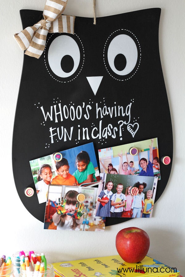 Super Cute and Inexpensive Owl Teacher Gift - a magnet and chalkboard sign! { lilluna.com } All you need is a few supplies - silhouette chalkboard, magnets, ribbon, buttons, and chalk.