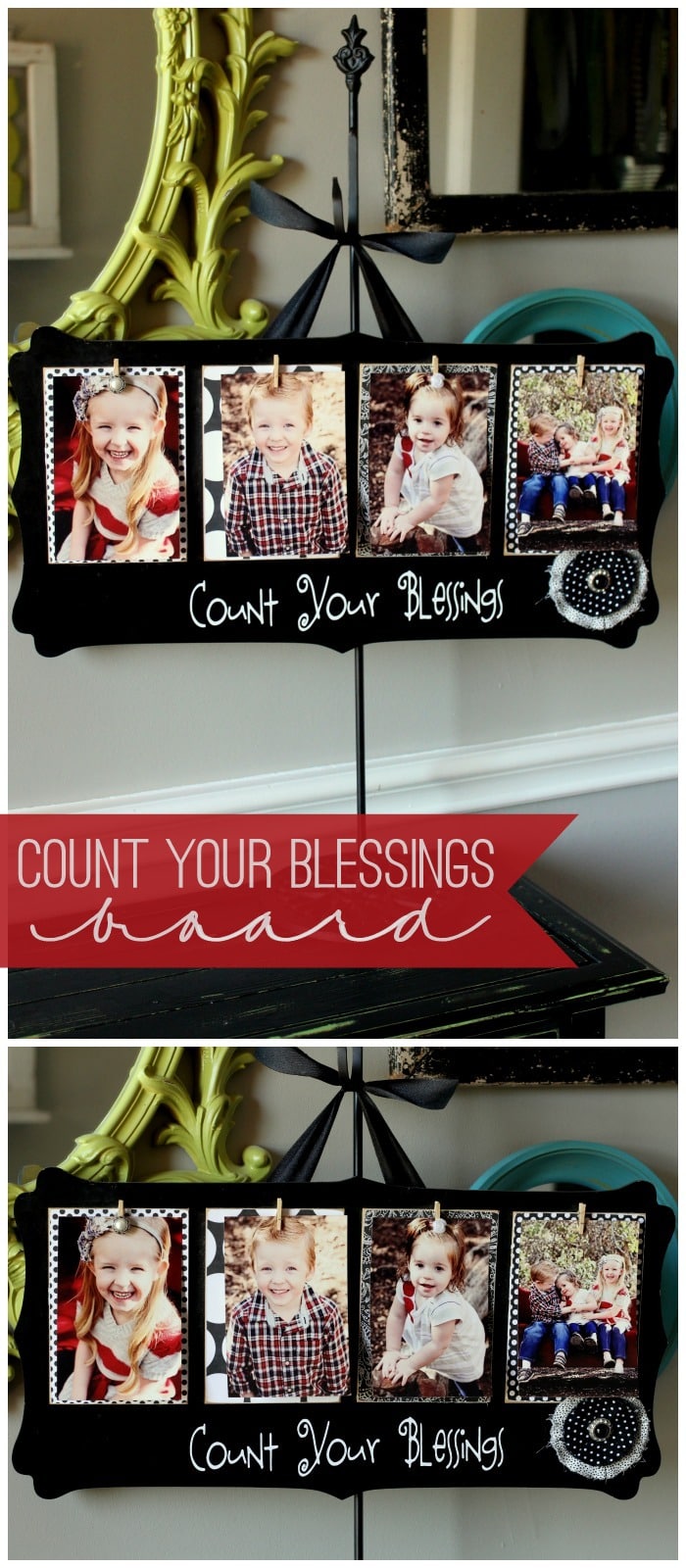 Cute and Inexpensive Count Your Blessings Board - great gift idea! Tutorial on { lilluna.com } Supplies include bead board, paint, clothespins, hard wood, fabric flowers, and pictures.