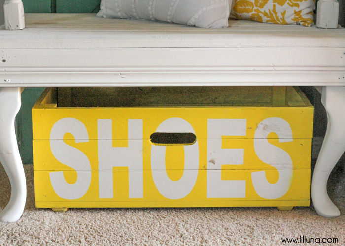 DIY Shoe Bin tutorial - the perfect place to store your shoes! { lilluna.com } Supplies include - boards, wood planks, nails, paint, and basic tools.