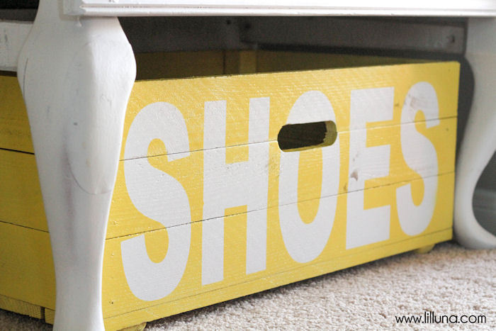 DIY Shoe Bin tutorial - the perfect place to store your shoes! { lilluna.com } Supplies include - boards, wood planks, nails, paint, and basic tools.