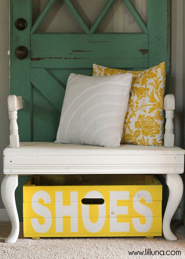 DIY Shoe Bin tutorial - the perfect place to store your shoes! { lilluna.com } Supplies include - boards, wood planks, nails, paint, and basic tools.