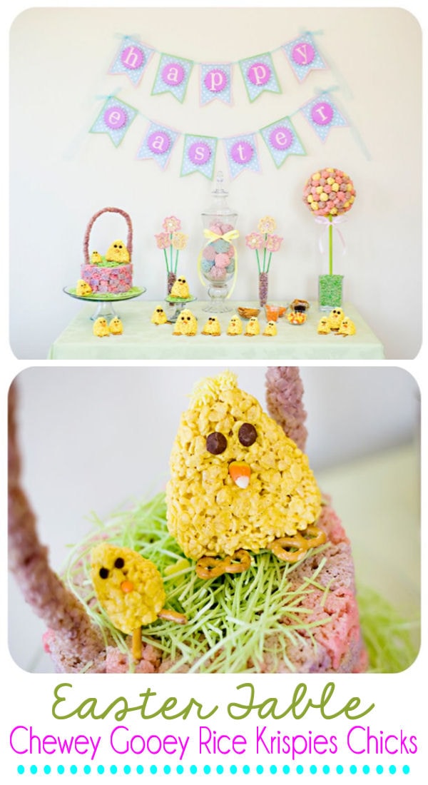 Easter Table and Chewey Gooey Rice Krispies Chicks - so cute to make for Easter. { lilluna.com }