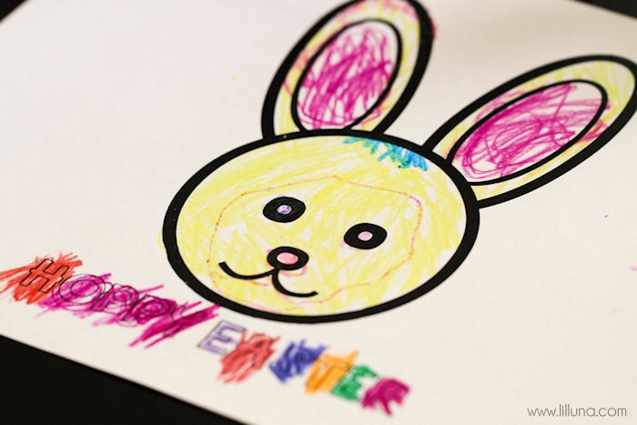 Hoppy Easter Bunny Hand print - CUTE! Free printables on { lilluna.com } Kids will have a blast coloring and painting their hands!