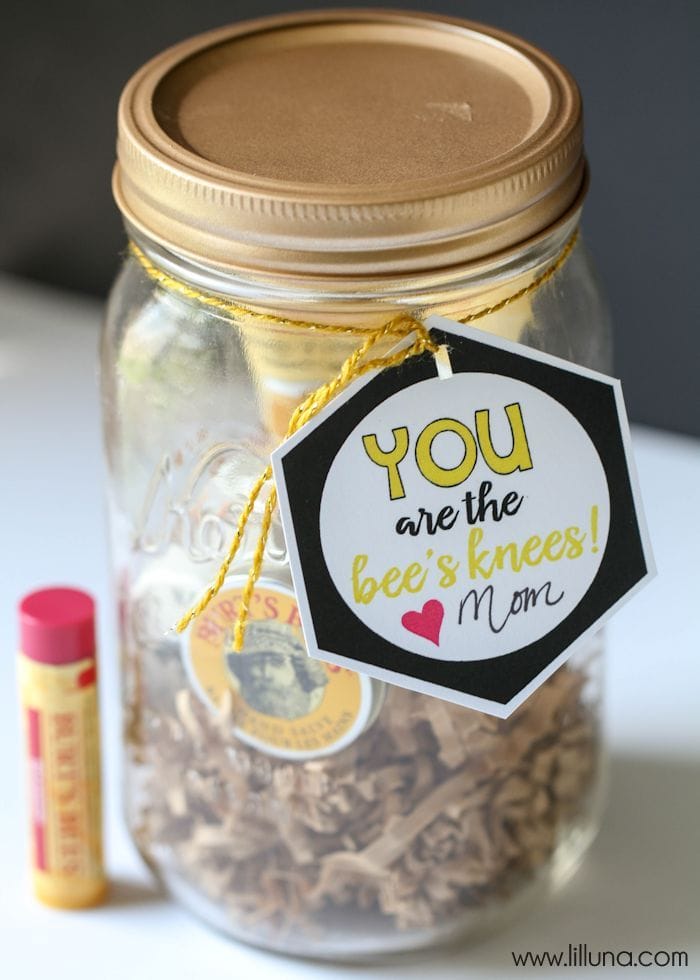 Bee's Knees Birthday Gift - so cute and filled with Burt's Bees products. Free tags for mom and teacher too! { lilluna.com }