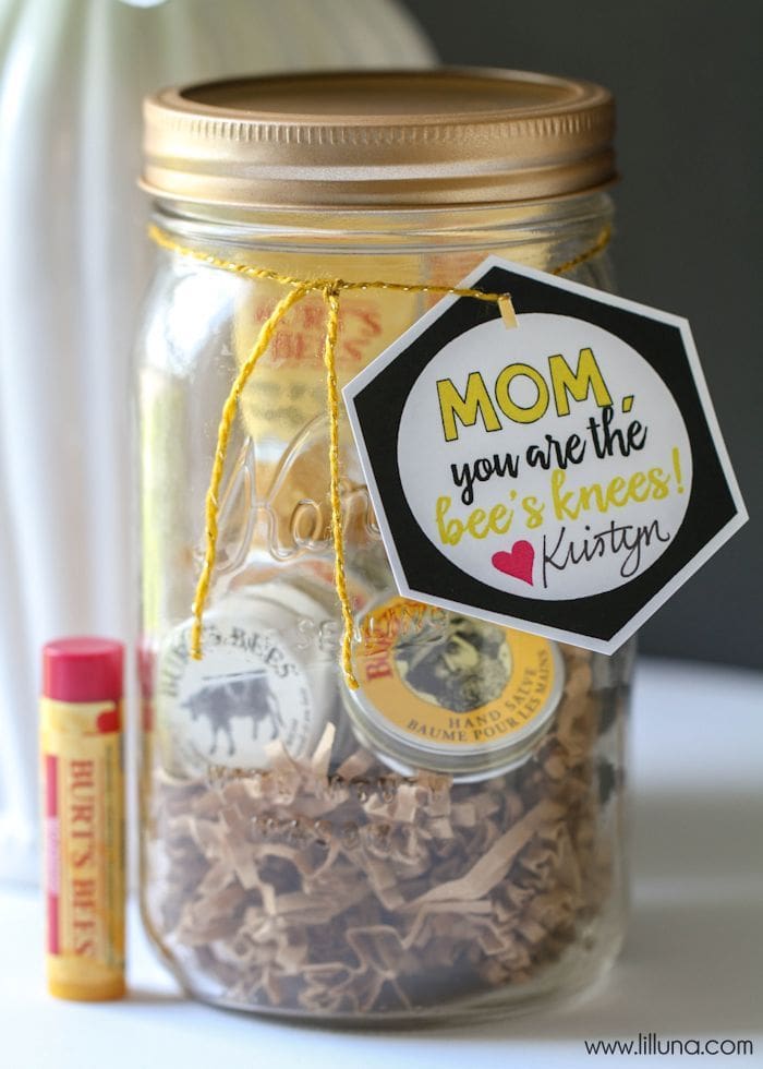 Bee's Knees Mother's Day Gift - so cute and filled with Burt's Bees products. Free tags for teacher and friend too! { lilluna.com }
