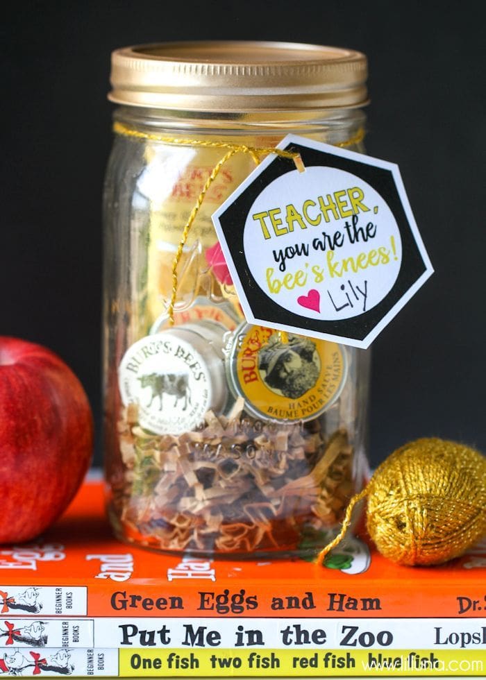 Bee's Knees Teacher Gift - so cute and filled with Burt's Bees products. Free tags for mom and friend too! { lilluna.com }