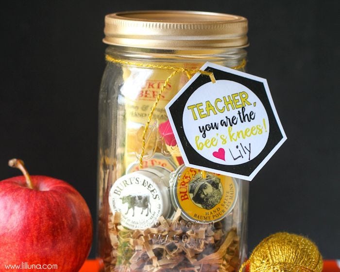 Bee's Knees Teacher Gift - so cute and filled with Burt's Bees products. Free tags for mom and friend too! { lilluna.com }