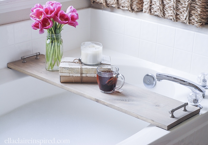 This easy DIY bathtub tray is perfect for drink or your favorite book while you soak! Tutorial on { lilluna.com } All you need is some pine board, stain, cabinet pulls, and sandpaper.