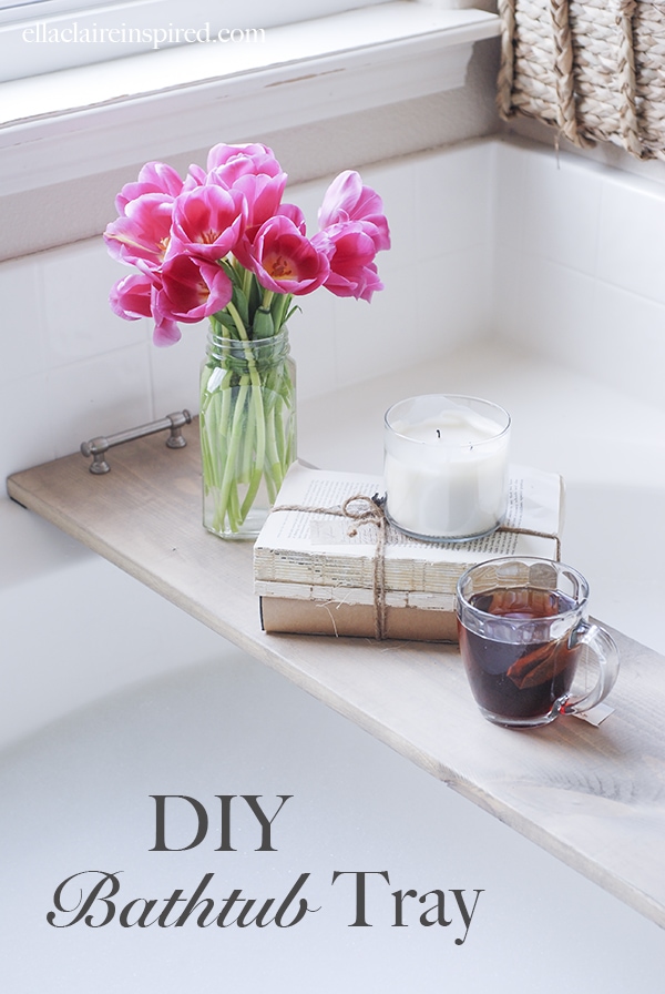 This easy DIY bathtub tray is perfect for drink or your favorite book while you soak! Tutorial on { lilluna.com } All you need is some pine board, stain, cabinet pulls, and sandpaper.