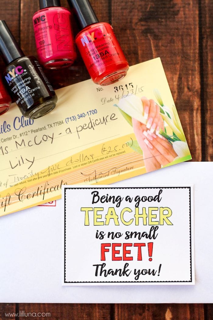 No Small "Feet" Pedicure Gift Card Teacher Gift with free Tags - also free tags for mom for Mother's Day and for a friend for any day. Free prints on { lilluna.com } 