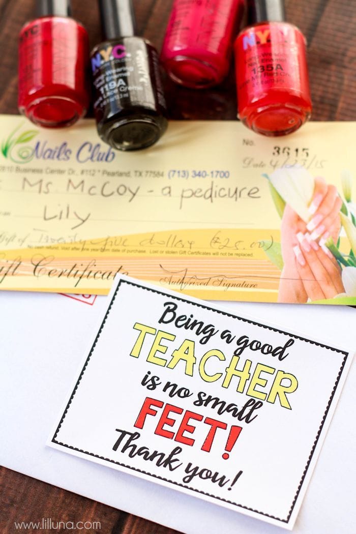 No Small "Feet" Pedicure Gift Card Teacher Gift with free Tags - also free tags for mom for Mother's Day and for a friend for any day. Free prints on { lilluna.com } 