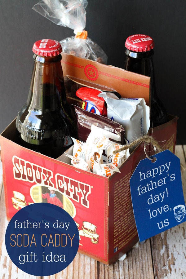 Father's Day Soda Caddy Gift idea with free prints on { lilluna.com } Such a cute idea that dad or grandpa will love - filled with yummy treats!