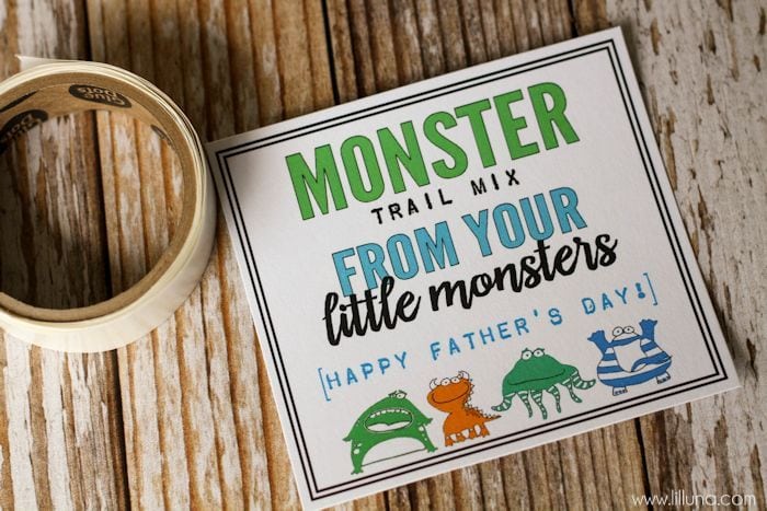 Monster Trail Mix Gift idea - a cute and simple gift idea for DAD! FREE prints on { lilluna.com }