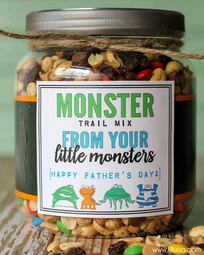 Monster Trail Mix Gift idea - a cute and simple gift idea for DAD! FREE prints on { lilluna.com }