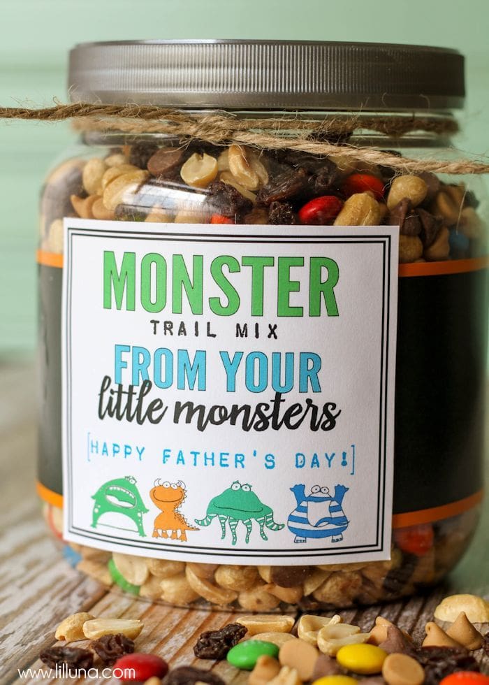 Monster Trail Mix Gift idea - a cute and simple gift idea for DAD! FREE prints on { lilluna.com }