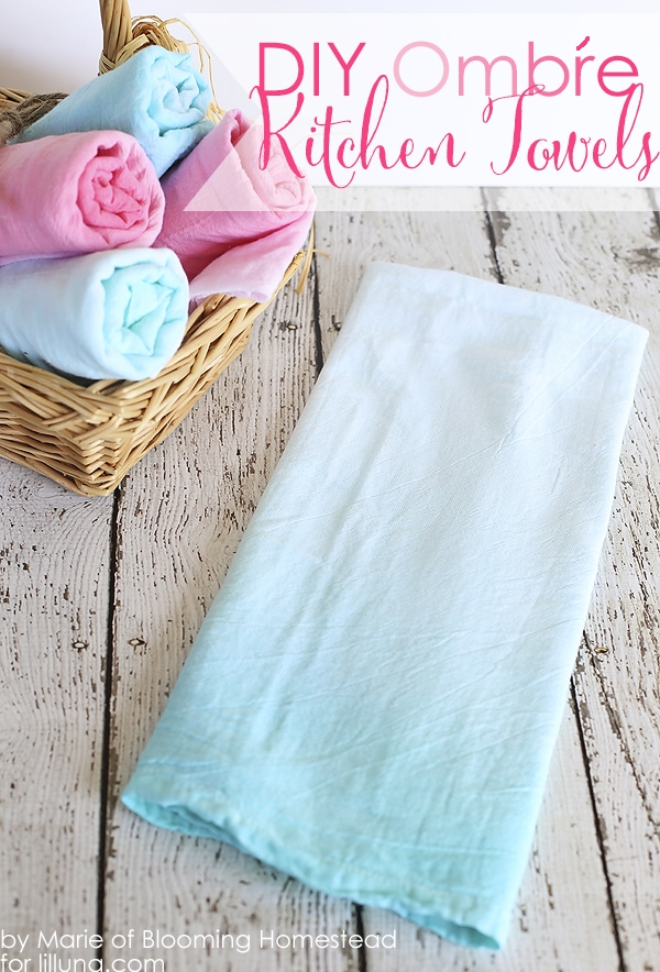 Easy to follow tutorial showing you how to make these lovely diy Ombre kitchen towels, using flour sack towels, fabric dye, and some hot water!
