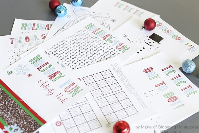 Holiday Fun Activity Pack - free prints for the kids to use this holiday season including Crossword puzzles, Tic Tac Toe and more!