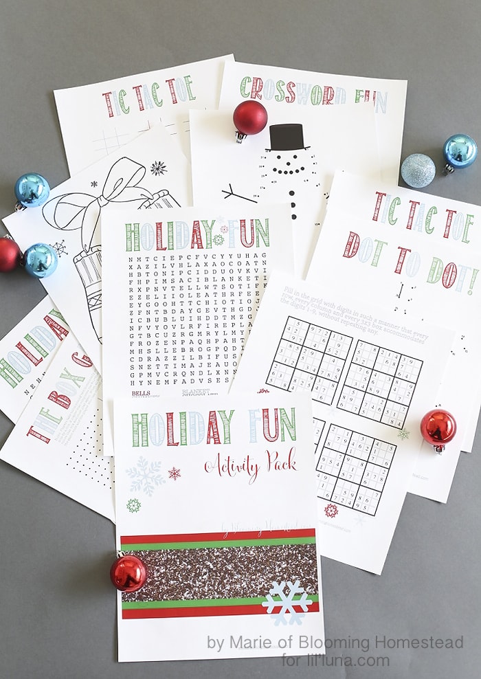 Holiday Fun Activity Pack - free prints for the kids to use this holiday season including Crossword puzzles, Tic Tac Toe and more!