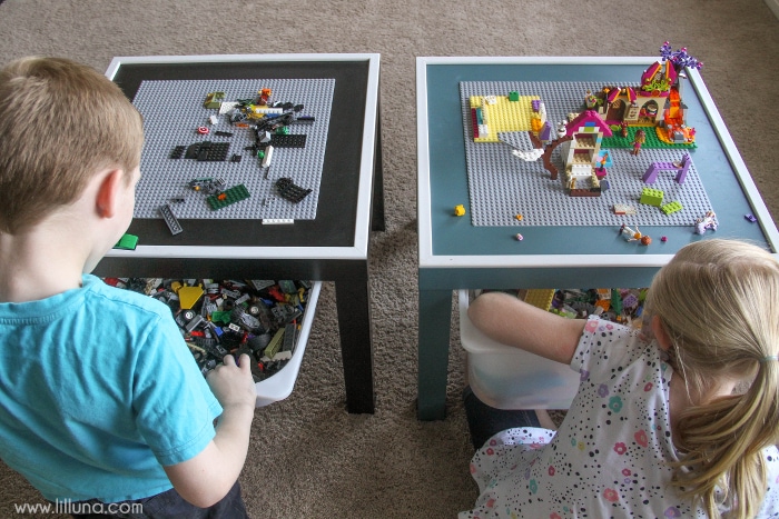 DIY Lego Table with storage bin underneath to hold all the extra legos! It's the perfect gift for the Lego Lover!