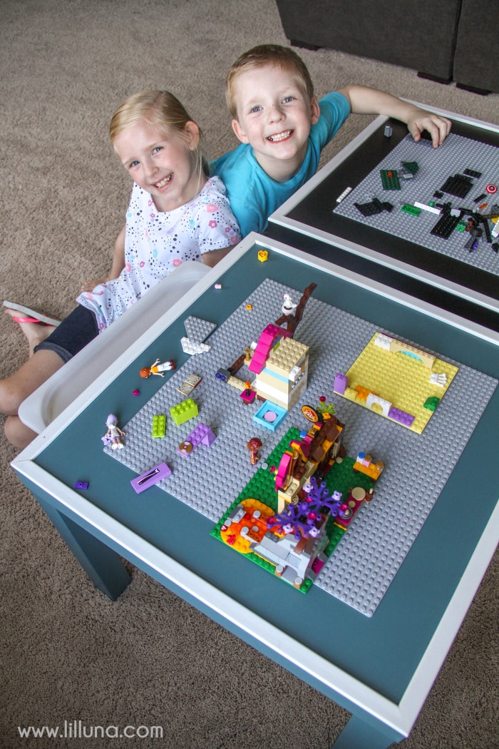 DIY Lego Table with storage bin underneath to hold all the extra legos! It's the perfect gift for the Lego Lover!