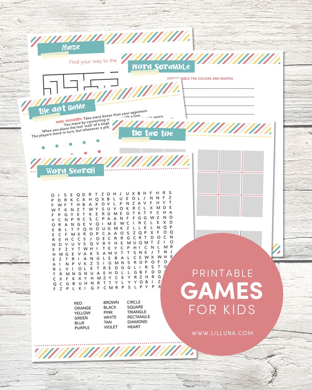 FREE Printable Games for Kids including a word search, maze, Tic Tac Toe, Dot game and word scramble game!